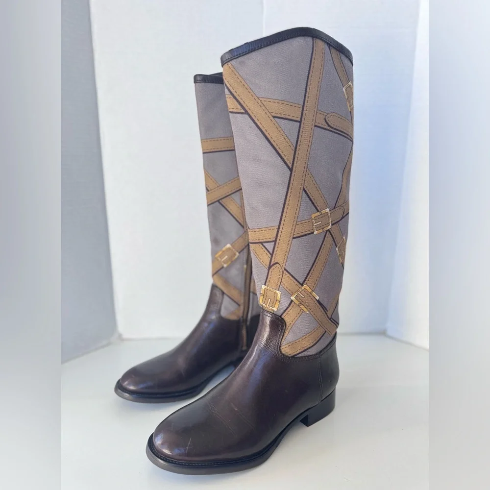Tory Burch Felix Leather Canvas Tall Zip Equestrian Riding Boot Women’s Size 5